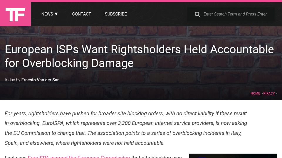 Screenshot of torrentfreak.com: European ISPs Want Rightsholders Held Accountable for Overblocking Damage