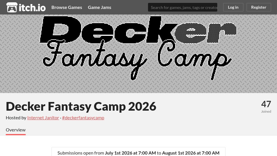 Screenshot of itch.io: Decker Fantasy Camp 2026