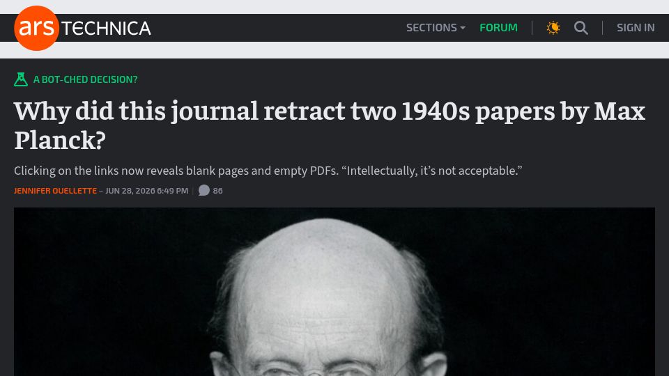 Screenshot of arstechnica.com: Why did this journal retract two 1940s papers by Max Planck?