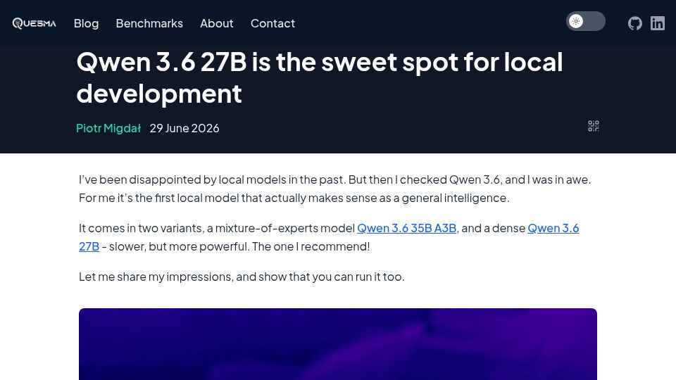 Screenshot of quesma.com: Qwen 3.6 27B is the sweet spot for local development