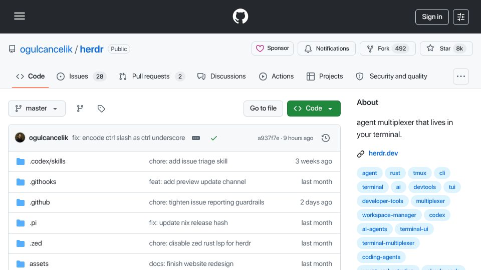 Screenshot of github.com: Herdr: Agent multiplexer that lives in your terminal