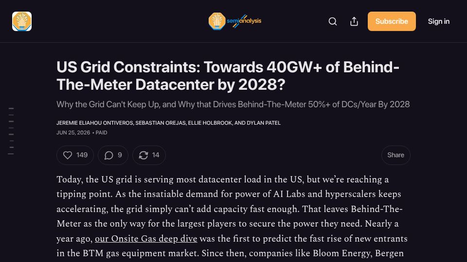 Screenshot of newsletter.semianalysis.com: US Grid Constraints: Towards 40GW+ of Behind-the-Meter Datacenter by 2028?