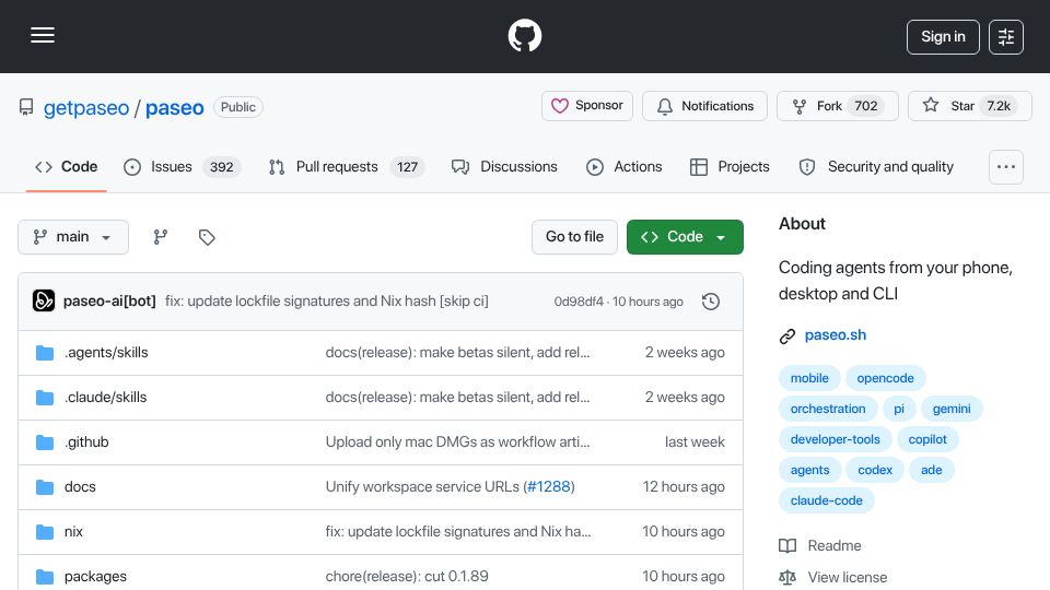 Screenshot of github.com: Show HN: Paseo – Beautiful open-source coding agent interface