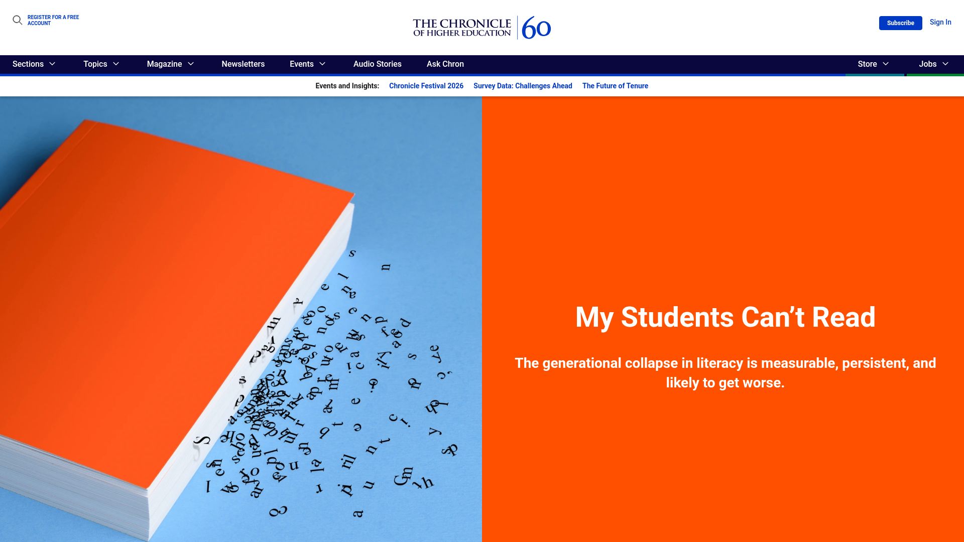 Screenshot of chronicle.com: My Students Can't Read