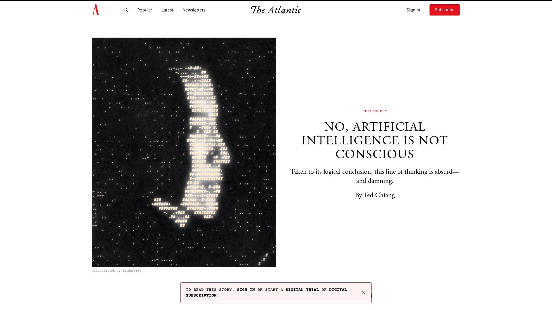 Screenshot of theatlantic.com: Artificial intelligence is not conscious – Ted Chiang