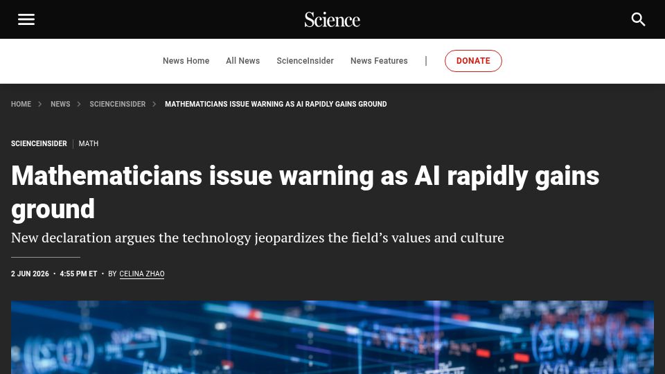 Screenshot of science.org: Mathematicians issue warning as AI rapidly gains ground