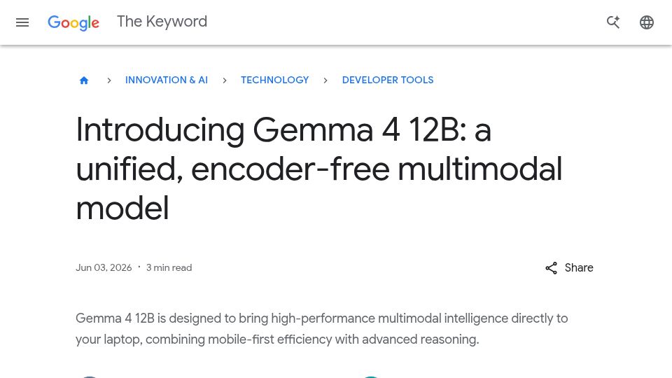 Screenshot of blog.google: Gemma 4 12B: A unified, encoder-free multimodal model