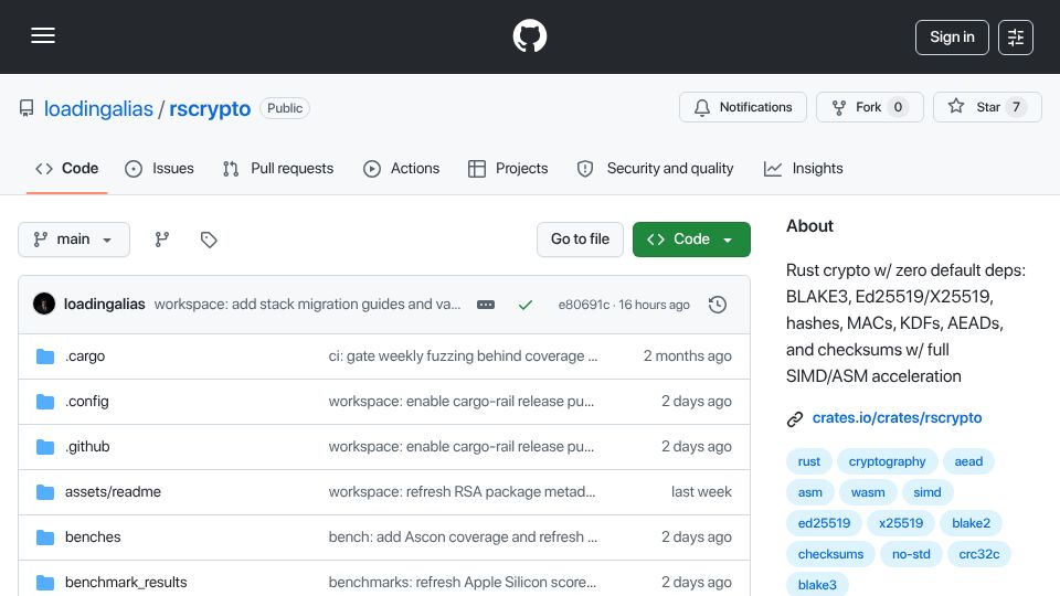 Screenshot of github.com: Show HN: Rscrypto, pure-Rust crypto with industry leading public benches