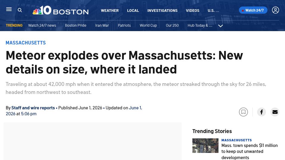 Screenshot of nbcboston.com: Meteor Explodes over Massachusetts