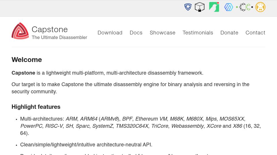 Screenshot of capstone-engine.org: Capstone – multi-platform, multi-architecture disassembly framework