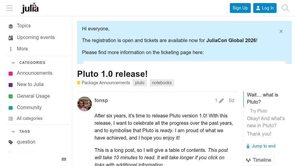 Screenshot of discourse.julialang.org: Pluto.jl 1.0 release – reactive notebook for Julia