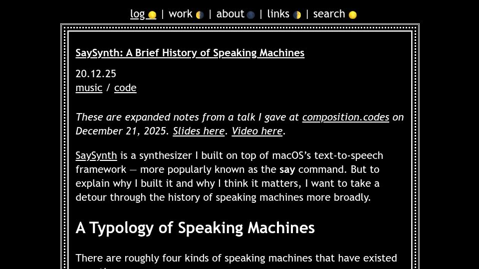 Screenshot of brian.abelson.live: SaySynth: A Brief History of Speaking Machines
