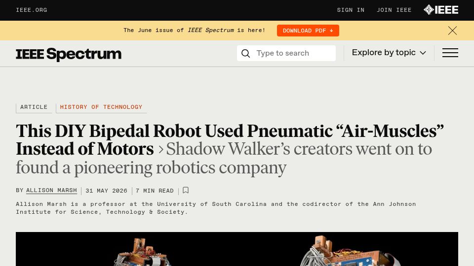 Screenshot of spectrum.ieee.org: DIY Bipedal Robot Used Pneumatic "Air-Muscles" Instead of Motors