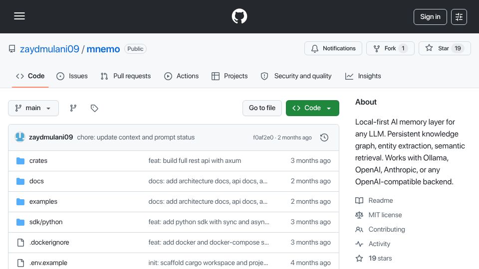 Screenshot of github.com: Show HN: Mnemo – local-first AI memory layer for any LLM (Rust, SQLite,petgraph)