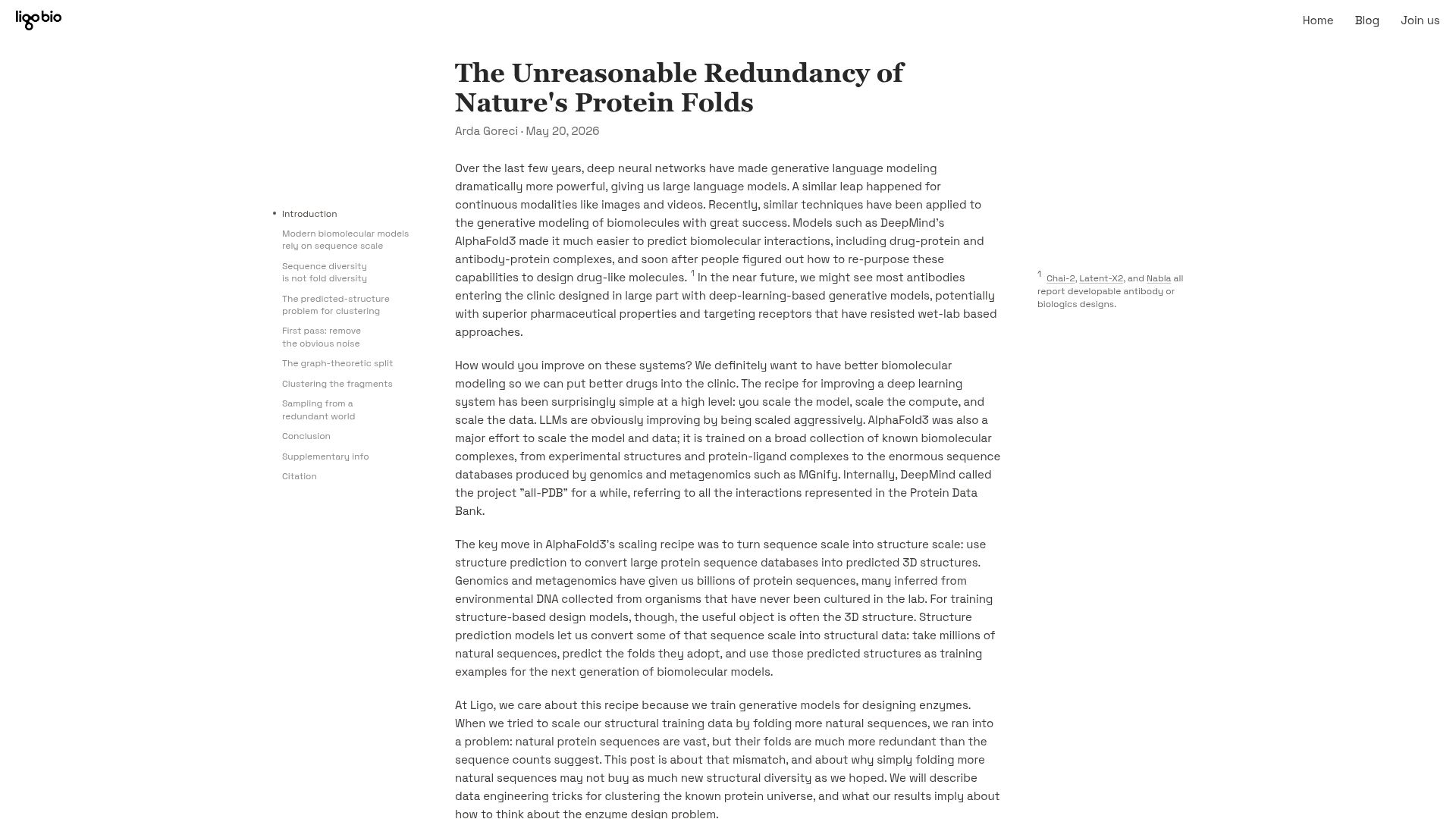 Screenshot of research.ligo.bio: The Unreasonable Redundancy of Nature's Protein Folds