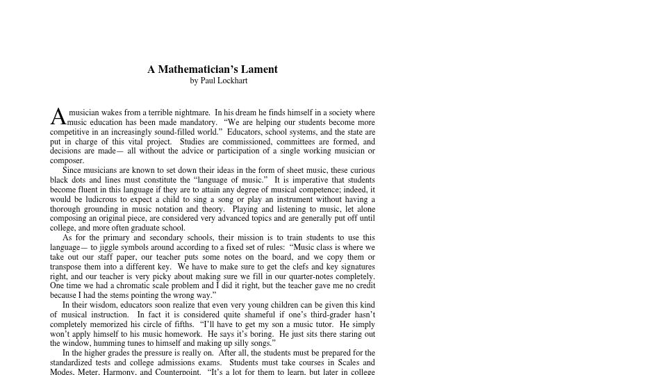 Screenshot of worrydream.com: A Mathematician's Lament (2002) [pdf]