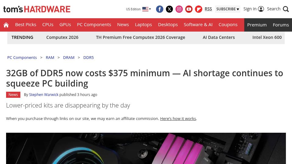 Screenshot of tomshardware.com: 32GB of DDR5 now costs $375 – AI shortage continues to squeeze PC building