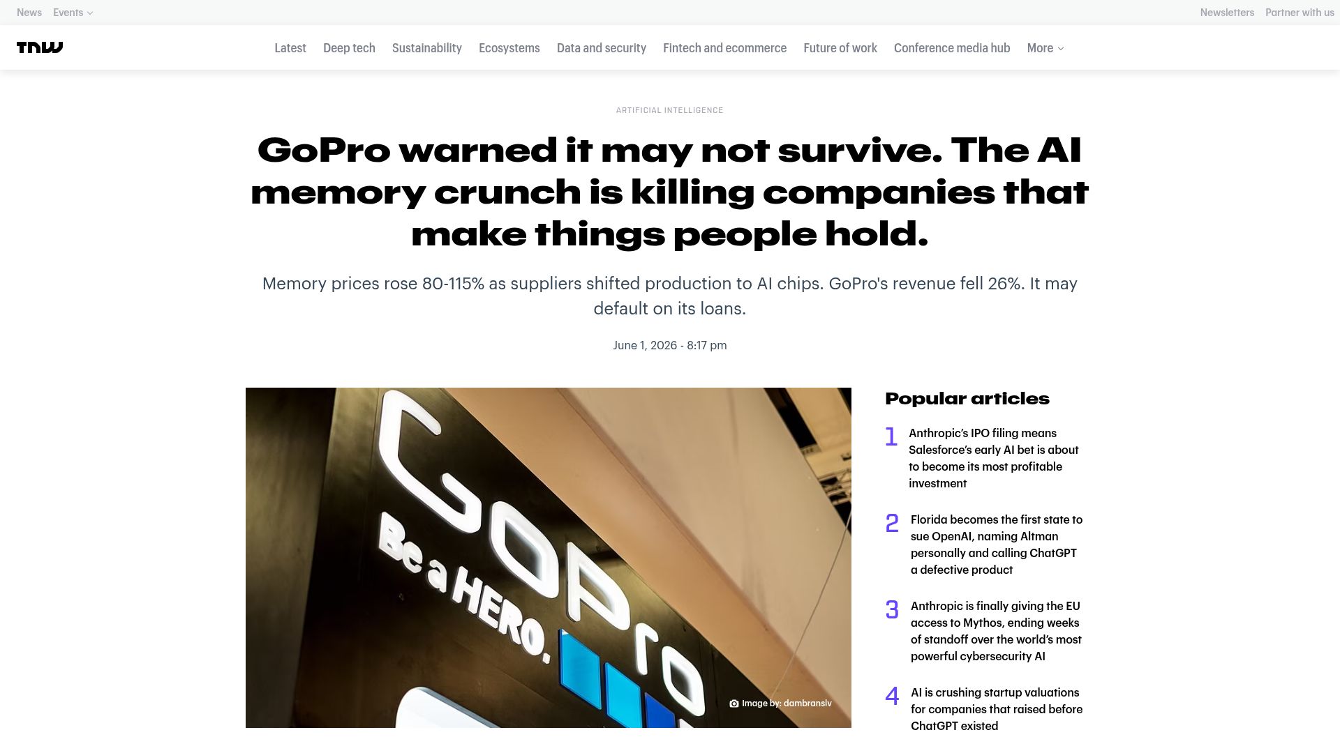 Screenshot of thenextweb.com: GoPro warned it may not survive