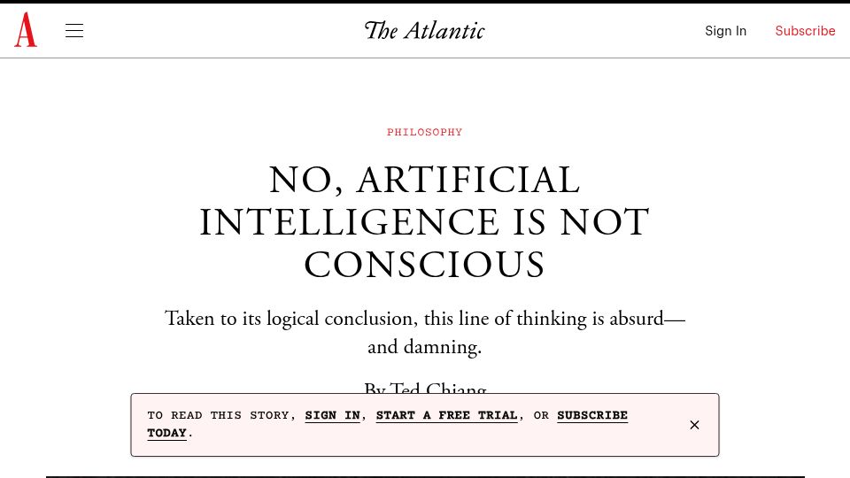 Screenshot of theatlantic.com: Artificial intelligence is not conscious – Ted Chiang