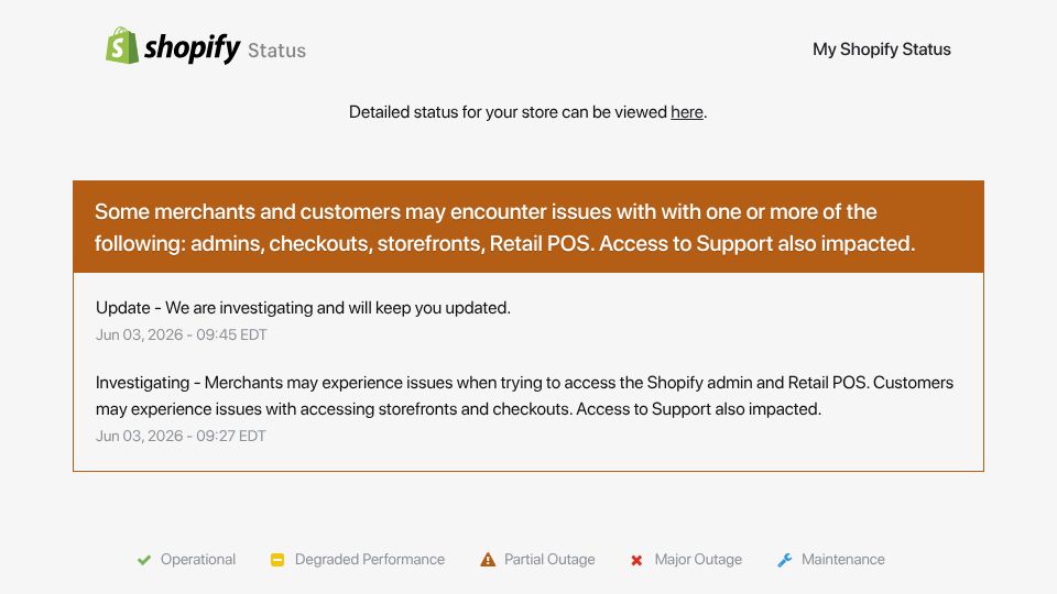 Screenshot of shopifystatus.com: Shopify Is Down
