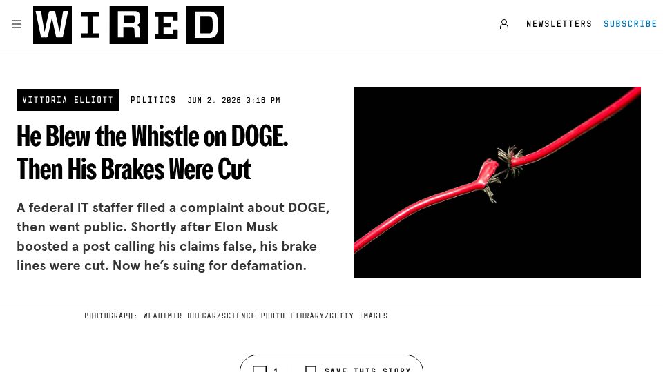 Screenshot of wired.com: He Blew the Whistle on DOGE. Then His Brakes Were Cut