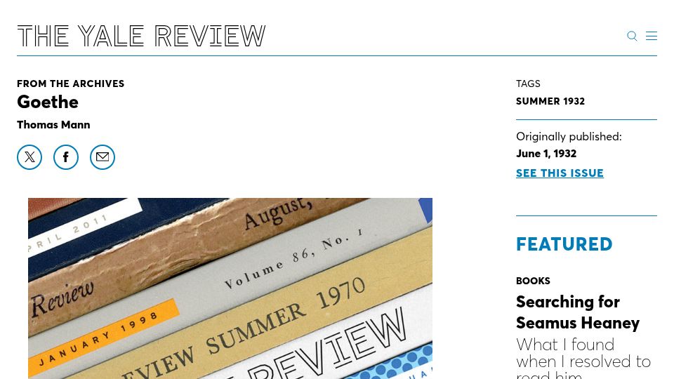 Screenshot of yalereview.org: Thomas Mann: Goethe Heartened by Panama (As Suez for English, or Danube-Rhine)