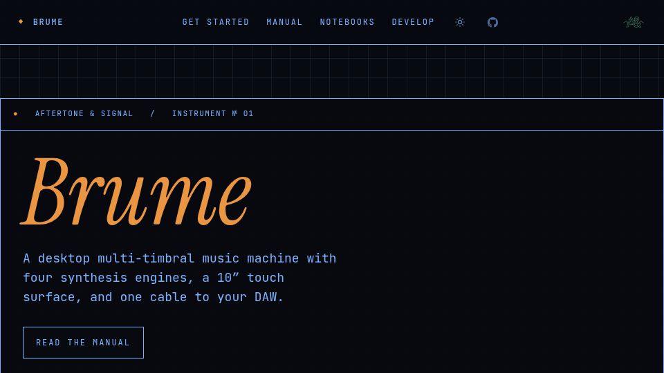 Screenshot of brume.aftertone.co: Brume is a 24-voice multi-timbral desktop synth for the CM5