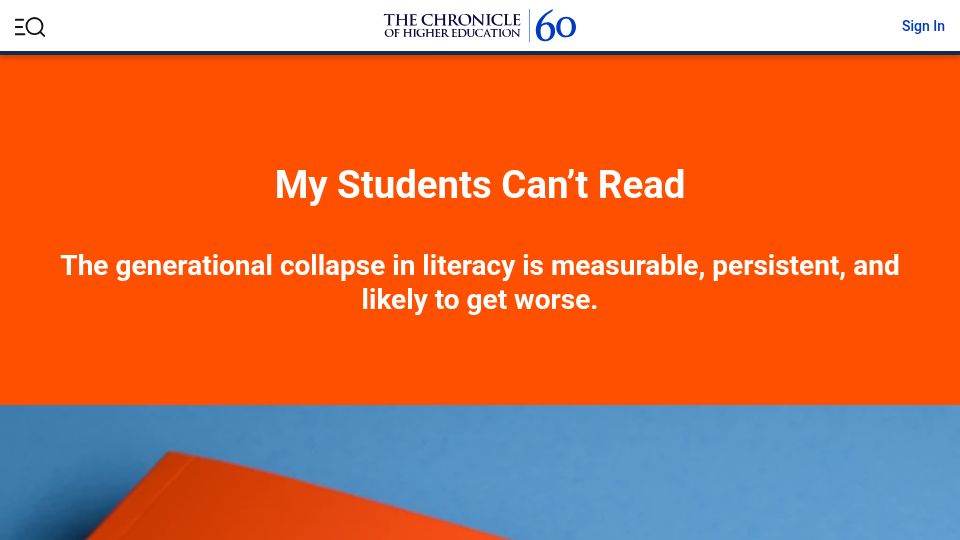 Screenshot of chronicle.com: My Students Can't Read