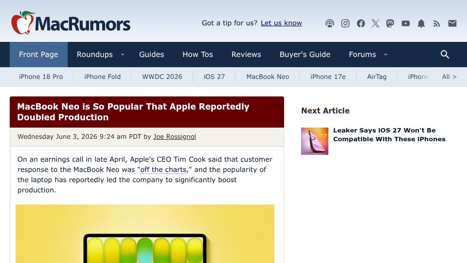 Screenshot of macrumors.com: MacBook Neo is so popular that Apple doubled production