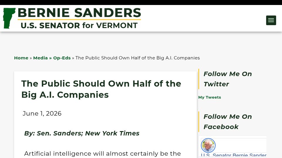 Screenshot of sanders.senate.gov: The Public Should Own Half of the Big A.I. Companies