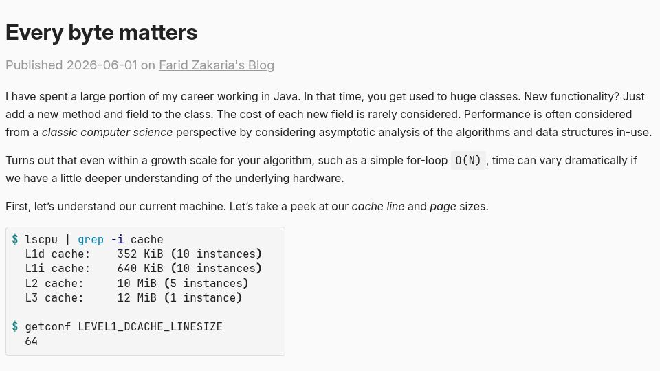Screenshot of fzakaria.com: Every Byte Matters