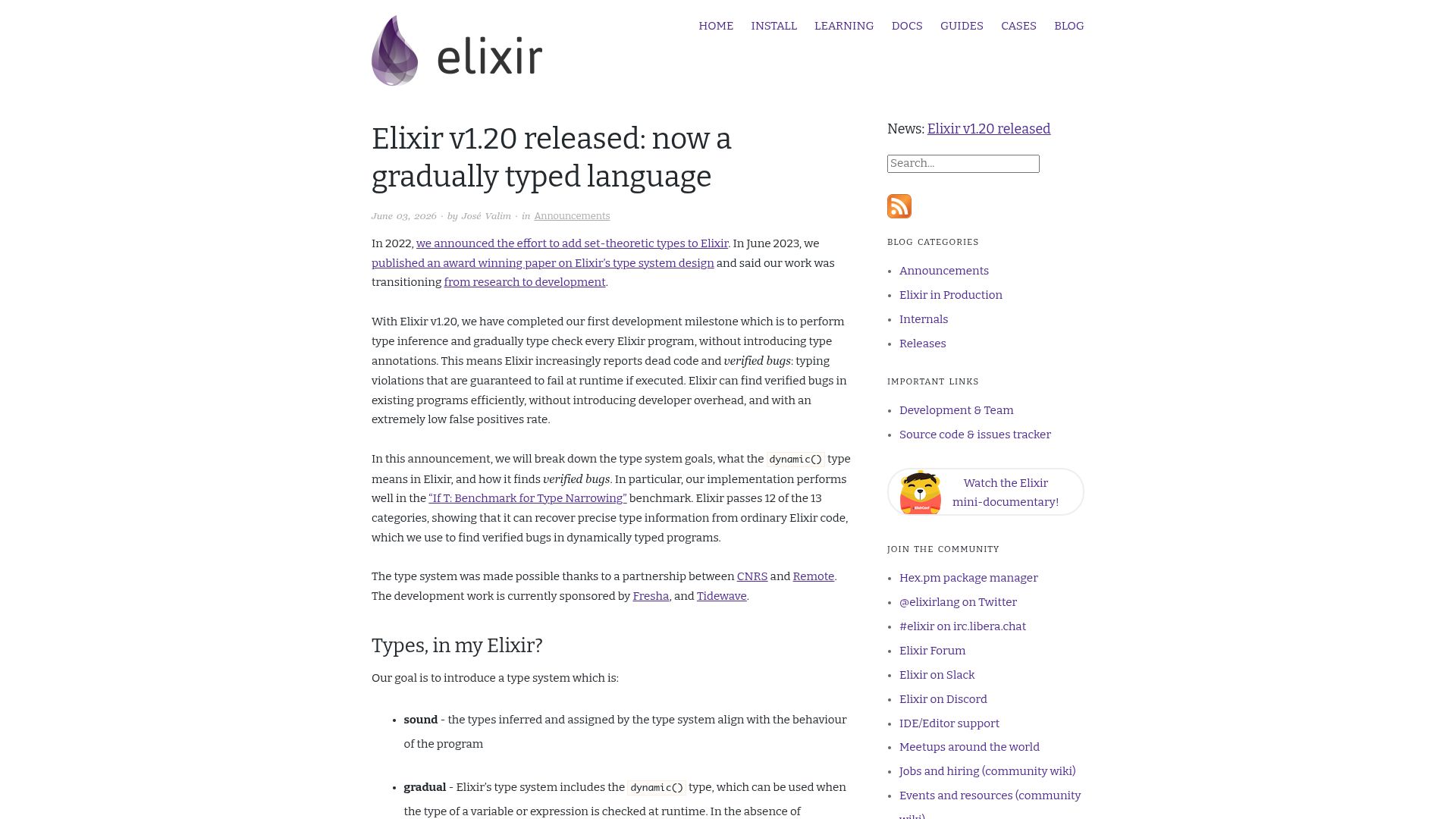 Screenshot of elixir-lang.org: Elixir v1.20: Now a gradually typed language