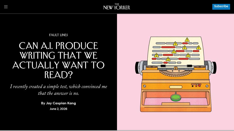 Screenshot of newyorker.com: Can A.I. produce writing that we want to read?
