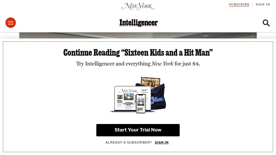 Screenshot of nymag.com: Sixteen Kids and a Hit Man (2024)