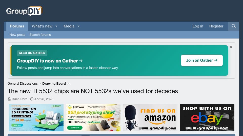 Screenshot of groupdiy.com: New Texas Instruments 5532 chips are not the 5532s we’ve used for decades