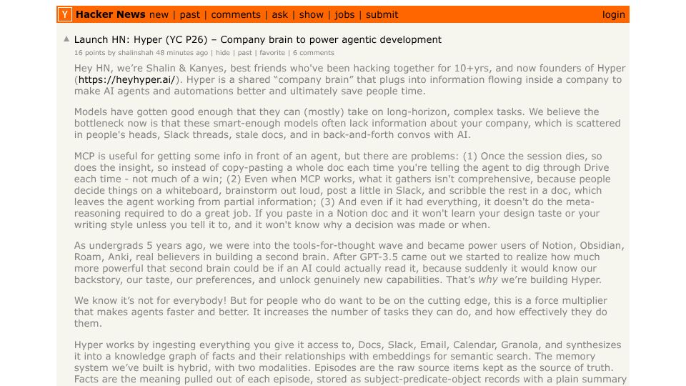 Screenshot of Hacker News post: Launch HN: Hyper (YC P26) – Company brain to power agentic development