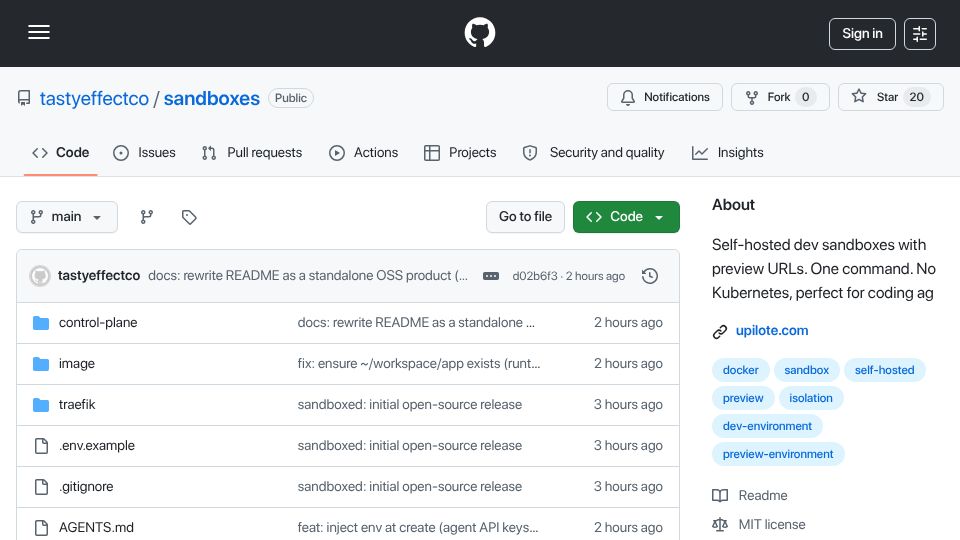 Screenshot of github.com: Self-hosted dev sandboxes with preview URLs (Docker, Go, no K8s)