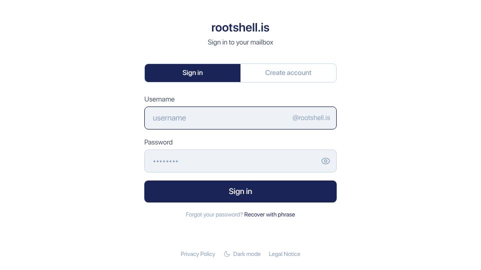 Screenshot of rootshell.is: Rootshell: A new E2EE email service hosted in Iceland