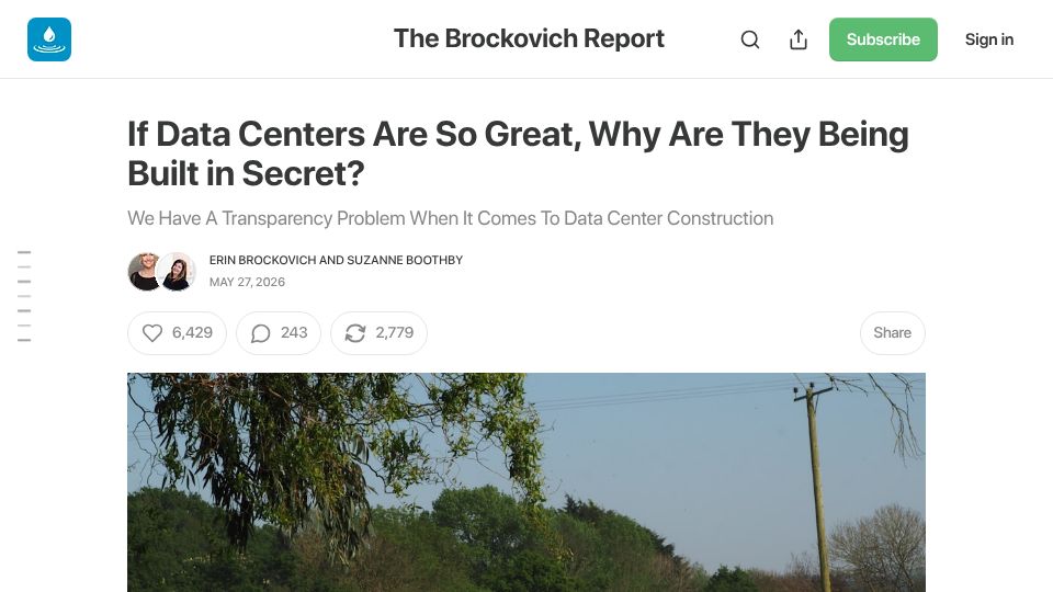 Screenshot of thebrockovichreport.com: If AI data centers are so great, why are they being built in secret?