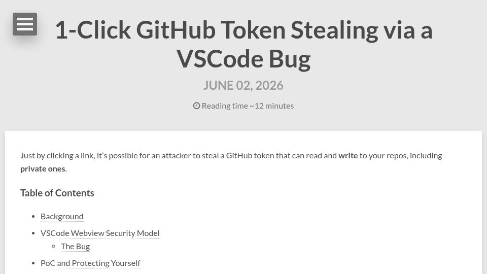Screenshot of blog.ammaraskar.com: 1-Click GitHub Token Stealing via a VSCode Bug