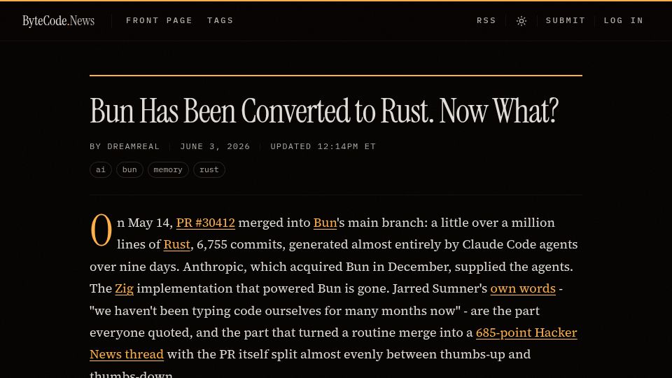 Screenshot of bytecode.news: Bun Has Been Converted to Rust. Now What?