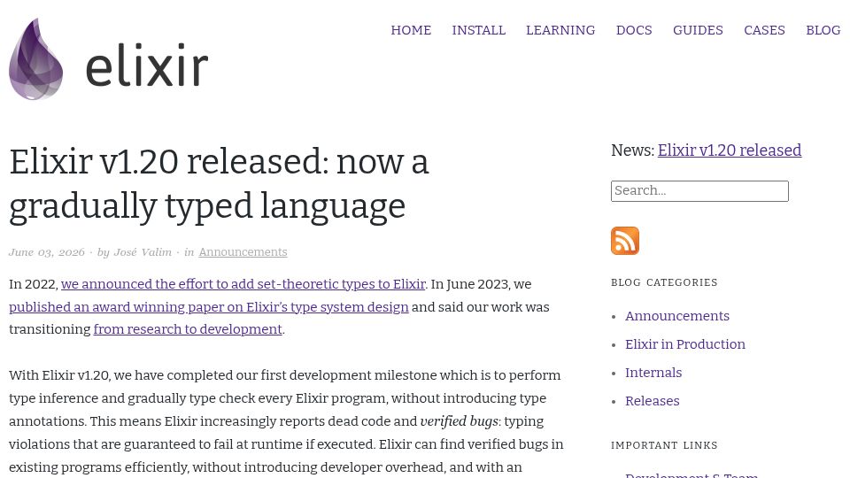 Screenshot of elixir-lang.org: Elixir v1.20: Now a gradually typed language