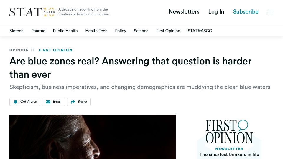 Screenshot of statnews.com: Are blue zones real? Answering that question is harder then ever