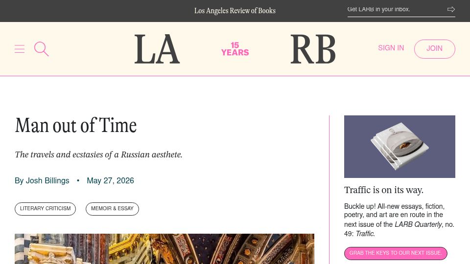 Screenshot of lareviewofbooks.org: Man out of Time: The travels and ecstasies of a Russian aesthete