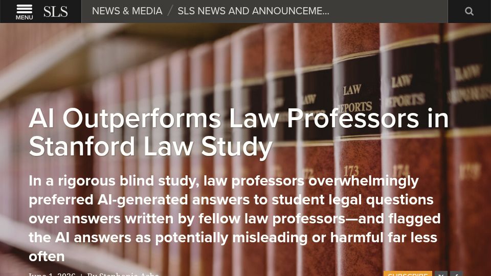 Screenshot of law.stanford.edu: AI outperforms law professors in Stanford Law study