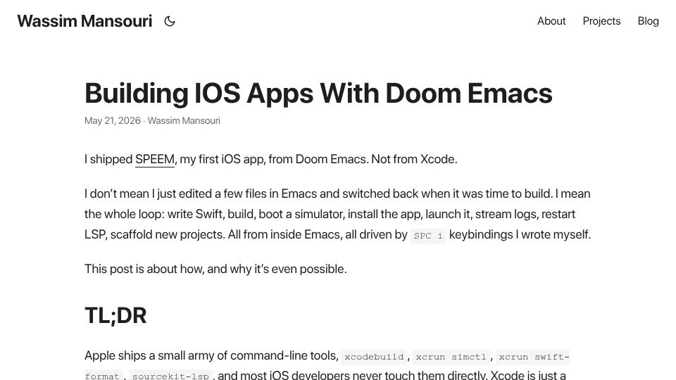 Screenshot of wassimans.com: Building iOS Apps with Doom Emacs