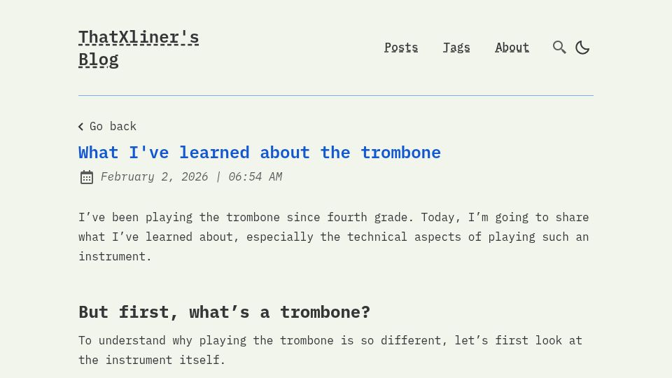 Screenshot of bryanhu.com: What I've learned about the trombone