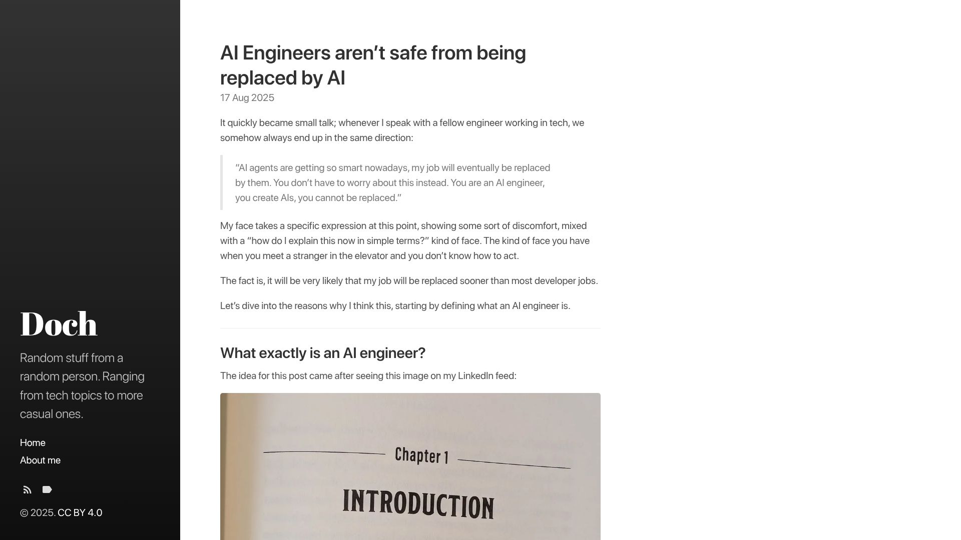 Screenshot of dmanco.dev: AI Engineers aren't safe from being replaced by AI