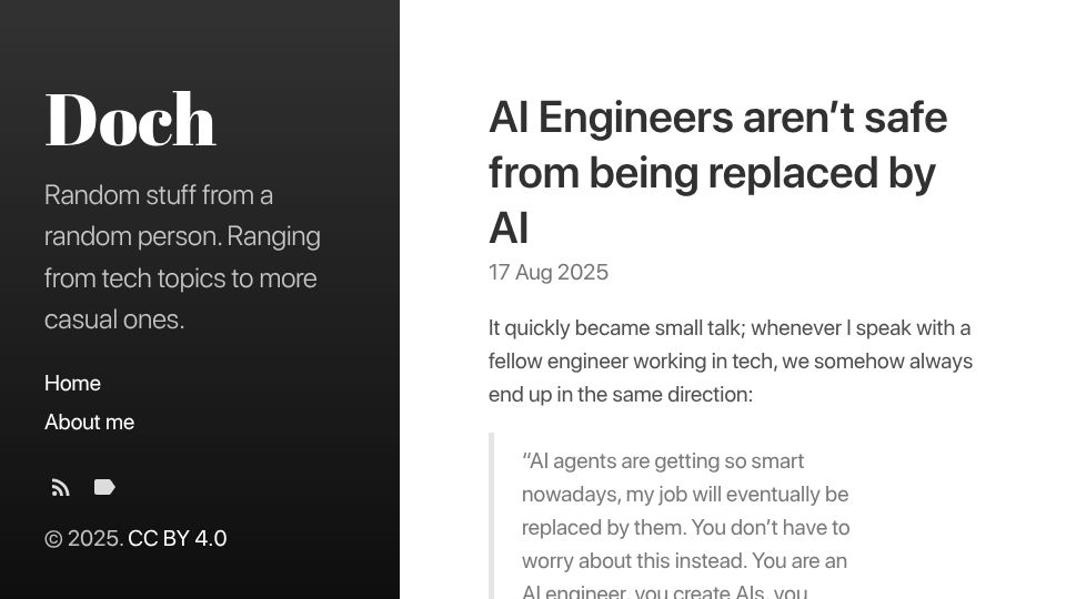 Screenshot of dmanco.dev: AI Engineers aren't safe from being replaced by AI