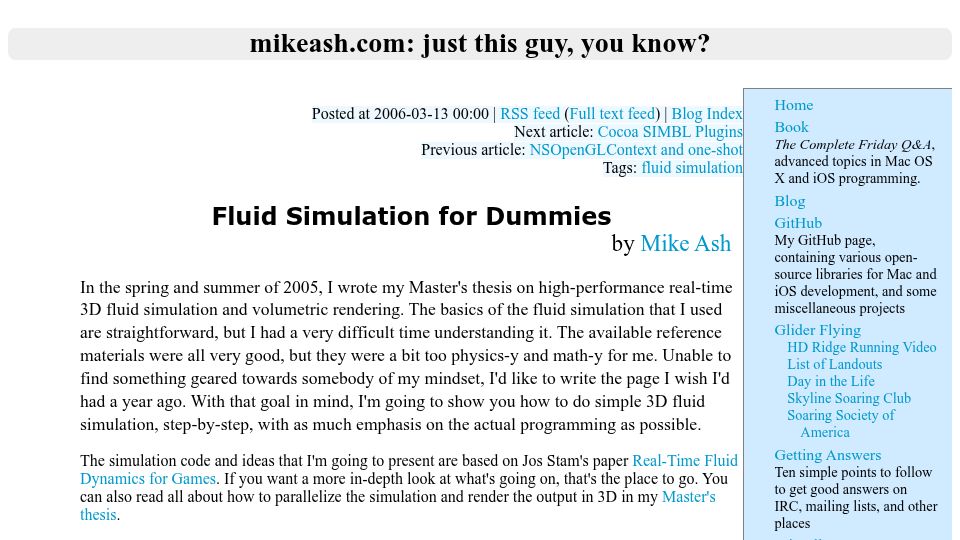 Screenshot of mikeash.com: Fluid Simulation for Dummies (2006)